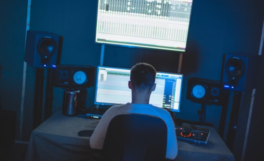 man sitting in front of computer mixing
